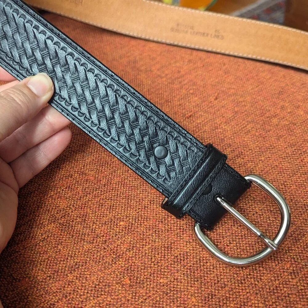 Badger Woven  Leather Belt Black Silver Tone Round Buckle XL‎ Classic
